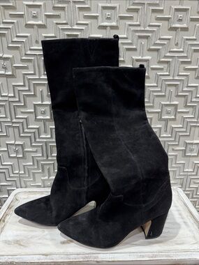 Sam Edelman Black Suede Mid-Calf Sculpted Block Heel Boots